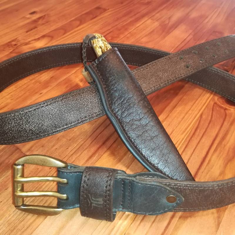 custom genuine leather Buffalo Double Pin Belt and Knife Sheath 1
